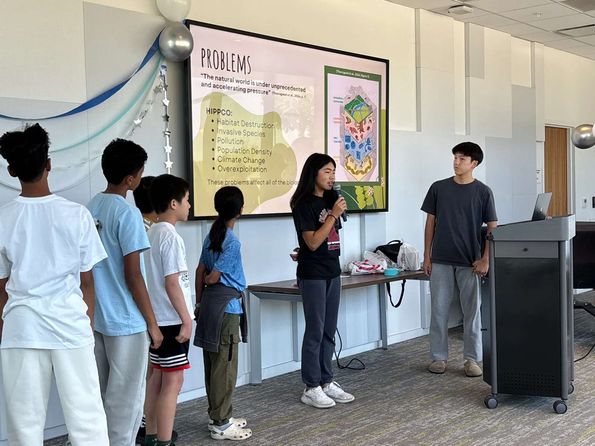 Biology cohort presenting their analysis of biological resilience to the audience.